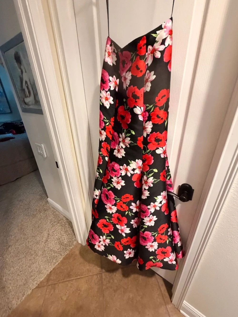 Floral Maxi Skirt in Black with Red & Pink Blooms - Picture 3 of 6